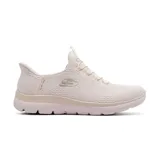 Championes deportivos Skechers Hands Free Slip-ins Summits Dream Chaser, color beige, con capellada de malla de ingeniería, cordones elásticos fijos, plantilla acolchada Skechers Air-Cooled Memory Foam y suela flexible con tracción.