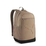 Mochila Puma modelo Buzz Backpack, color gris con base negra, bolsillos laterales de red y logo en relieve al frente.