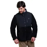 Campera de polar con paneles frontales de tela técnica, cierre frontal completo, cuello alto y bolsillo con cierre en el pecho.