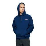 Buzo canguro azul marino de la marca Merrell, con capucha ajustable por cordón, bolsillo tipo krieger frontal y el logo de la marca estampado en color naranja en el pecho.