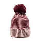 Gorro de lana tejido con diseño de rayas verticales en tonos bordó y beige, con pompón superior a tono.