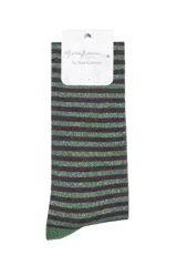 Calcetines de caña alta con diseño de rayas horizontales en color antracita y verde con acabado brillante tipo glitter.