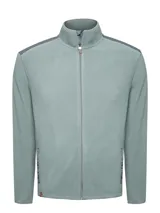 Campera polar de poliéster reciclado color verde, con cierre frontal completo, cuello alto y detalles de tela en los hombros y bolsillos.