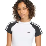Remera corta Adidas Sst Baby Tee, color blanco con mangas raglán negras y las tres tiras características de la marca en blanco sobre los hombros. Incluye el logo del trébol de Adidas en el pecho.