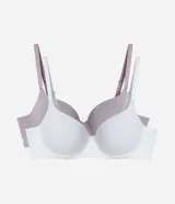 Kit de dos soutienes media taza de microfibra con copa y aro. Presentan breteles ajustables y diseño liso, ofreciendo soporte y comodidad.