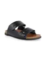 Sandalias de dos tiras anchas en cuero negro con textura de cocodrilo, detalle de remaches metálicos y base de corcho con plantilla marrón.
