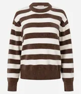 Suéter de chenille con diseño de rayas horizontales, cuello redondo, mangas largas y puños y ruedo acanalados.