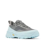 Championes de senderismo Columbia modelo Tellurix Titanium Omni-Max para mujer, en color gris con suela y detalles en celeste. Confeccionados con malla técnica impermeable y transpirable OutDry, sistema de sujeción NAVIC FIT y suela Vibram con tacos para mayor tracción en terrenos difíciles.