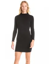 Vestido corto tejido color negro, marca Tash & Sophie. Presenta un corte ajustado, cuello alto y mangas largas entalladas.