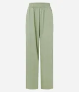 Pantalón recto de sarga color verde claro, con cintura elástica y sin estampa.