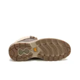 Bota de cuero marrón con cuello de tejido de punto en color beige. Presenta cierre de cordones con ojales metálicos dorados, logo de la marca en el lateral y en la lengüeta, y suela de goma con diseño dentado en tono arena.