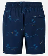 Bermuda de baño masculina, color azul marino, con cintura elástica y cordón ajustable. Presenta una estampa repetitiva de paisaje tropical con palmeras y montañas.