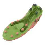 Championes de fútbol Under Armour Magnetico Elite 4 FG, diseñados con tecnología UA Clone para un ajuste personalizado. Presentan una combinación de colores salmón y verde lima, con estampado 3D para mayor control y zona de golpeo de silicona. Incluyen cuello de punto tipo calcetín y suela ligera con tacos mixtos para tracción multidireccional.