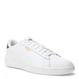 Championes urbanos Puma modelo Smash 3.0 L, color blanco con detalles en verde oscuro en el talón y logo en dorado. Confeccionados en cuero sintético con cierre de cordones y suela de goma resistente.