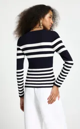 Sweater fino de punto acanalado con diseño de rayas horizontales en azul marino y blanco, cuello redondo y mangas largas.