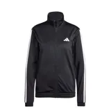 Campera deportiva Adidas de mujer, confeccionada en tejido tricot de poliéster. Presenta un diseño clásico en color negro con cuello alto, cierre frontal completo y las icónicas tres tiras blancas en las mangas. Incluye bolsillos laterales y puños elásticos.