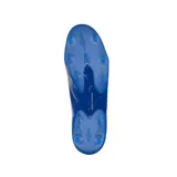 Championes de fútbol Adidas Nemeziz 19.1 FG, color blanco con rayas azules y suela azul traslúcida.