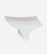Kit de cinco bombachas tipo bikini hilo doble de algodón, con cintura media, laterales medios, elástico en la cintura y lazo frontal. Incluye cuatro piezas lisas en tonos verde, rosado, celeste y blanco, y una pieza blanca con estampado floral.