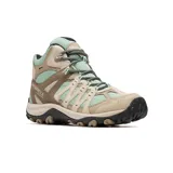 Bota de trekking de caña media Merrell Accentor 3 Mid WP para mujer, color beige con detalles en marrón y verde agua. Confeccionada en ante y malla impermeable, con suela de goma adherente y cordones reciclados.