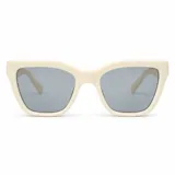 Lentes de sol Duna con armazón de policarbonato color beige y diseño rectangular con esquinas levemente angulares. Lentes oscuros con filtro UV400 y patillas gruesas.