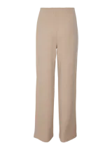 Pantalón de vestir color beige, de corte recto y pierna ancha, con detalle de pinzas al frente.