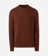 Suéter masculino de cuello redondo y manga larga, confeccionado en malla de viscosa y poliamida con textura de cuadros grid.