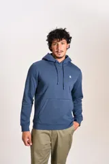 Hoodie de algodón color azul, con capucha ajustable mediante cordones, bolsillo frontal tipo canguro y logo bordado de Original Penguin en el pecho.