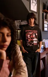 Remera de algodón premium con efecto nevado, corte oversize y cuello redondo. Presenta un estampado gráfico frontal de la banda Depeche Mode en tonos rosados y blancos.
