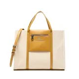 Cartera grande tipo tote bag de color beige con detalles en color mostaza, de marca Extra Large. Cuenta con doble asa de mano, correa ajustable para el hombro, bolsillo frontal externo con cierre y aplique metálico con el logo de la marca.