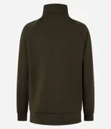 Buzo deportivo verde oliva de microfibra pesada, con cuello alto con cremallera, recorte en los hombros y dos aberturas en la parte de abajo.