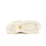 Bota Caterpillar Colorado 2.0 color beige con cordones rosas, cuello acolchado blanco y logo Caterpillar en rosa. Fabricada con capellada de cuero nobuck, forro interno de nylon en malla y suela de goma duradera.