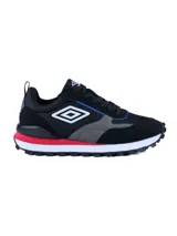 Championes urbanos Umbro modelo Venturi, color negro con detalles en gris, blanco, rojo y azul. Confeccionados en una combinación de cuero y malla, cuentan con el logo de la marca en el lateral y una suela de EVA y TPR.