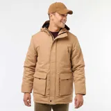 Parka color beige con capucha, cierre frontal con cremallera y botones a presión, bolsillos laterales con solapa y bolsillos superiores con cierre.