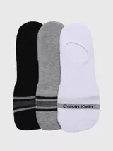 Pack de tres pares de medias invisibles Calvin Klein, con logo en la banda elástica. Incluye un par negro con rayas grises, un par gris con rayas negras y un par blanco con logo gris.