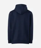 Hoodie azul marino de algodón con felpa y capucha ajustable con cordón. Presenta bolsillo tipo canguro, puños y dobladillo acanalados, y estampa lettering frontal con la leyenda "Coastal Flow".