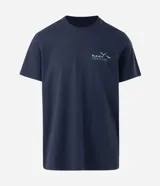 Remera masculina de algodón color azul marino, con cuello redondo y manga corta. Presenta un estampado en el pecho con el lettering "Ocean" y un diseño de aves volando.
