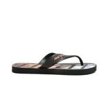 Sandalias tipo ojotas negras con estampado abstracto en la plantilla y logo Mormaii en la tira.