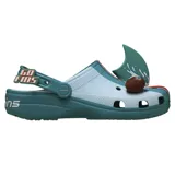 Zuecos tipo crocs con diseño temático de los Miami Dolphins, en colores blanco y turquesa. Presenta una aleta decorativa en la parte superior, dijes Jibbitz con motivos del equipo y correa pivotante en el talón.