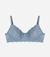 Soutien de encaje floral color azul, con aros para mayor sujeción y breteles finos ajustables. Presenta un diseño sin copa que se adapta a la forma natural del busto.
