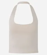 Blusa frente única de microfibra color beige, con escote cuadrado y breteles que se ajustan al cuello. Diseño sin mangas y espalda descubierta.