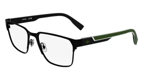 Lentes de receta Lacoste con marco rectangular de metal negro y patillas con detalle en verde y blanco. Incluye el logo del cocodrilo en la patilla.