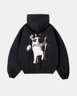 Canguro negro de corte regular con capucha, confeccionado en mezcla de algodón y poliéster con interior de felpa. Presenta un estampado gráfico en color blanco en la espalda.