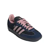 Zapatillas Adidas Samba OG color azul marino con detalles en rosa, incluyendo las tres tiras laterales, los cordones y el interior.