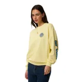Buzo Rip Curl de fleece, modelo Sg Heritage Oversized, color amarillo, con cuello redondo y diseño holgado. Presenta un pequeño estampado circular en el pecho y letras estampadas en la manga.