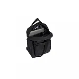 Mochila Adidas color negro, con diseño rectangular, asas superiores de mano y el logotipo clásico de la marca grabado en la parte inferior.