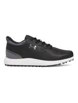 Championes de golf Under Armour modelo Drive Medal SL, color negro con detalles en gris y suela blanca. Fabricados con parte superior de microfibra duradera y mediasuela Charged Cushioning para mayor amortiguación y respuesta. Suela exterior sin tacos diseñada para ofrecer tracción y flexibilidad en el campo.