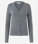 Cardigan de punto fino color gris, con escote en V, cierre frontal con botones y mangas largas. Confeccionado en una mezcla de viscosa y poliamida.