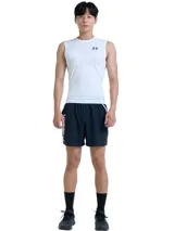 Musculosa térmica Under Armour HeatGear Armour Compression de color blanco, sin mangas y con diseño de compresión. Presenta cuello redondo y el logotipo de la marca estampado en negro en el pecho.
