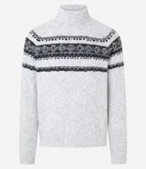 Suéter de punto gris con cuello alto y manga larga. Presenta textura jacquard y estampa horizontal étnica en tonos negros y grises.