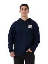 Hoodie Columbia Beaumount color azul marino, con capucha ajustable con cordón, bolsillo tipo canguro y parche cuadrado con logo en el pecho.